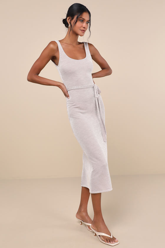 Shop Lulus Summer Perfection Taupe And Ivory Striped Ribbed Midi Dress