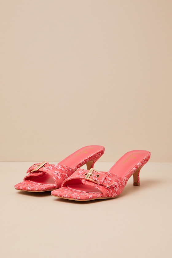 Lulus Austina Red Embroidered Buckle High Heel Slide Sandals In Red