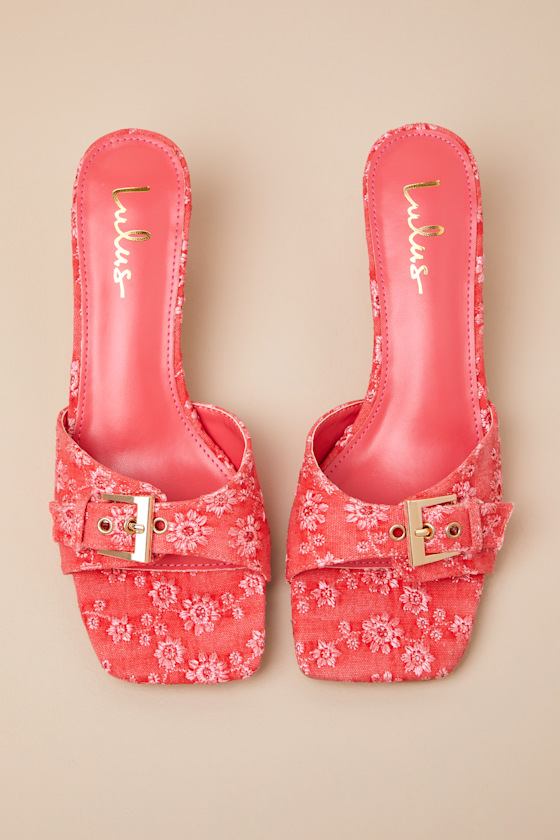 Lulus Austina Red Embroidered Buckle High Heel Slide Sandals In Red