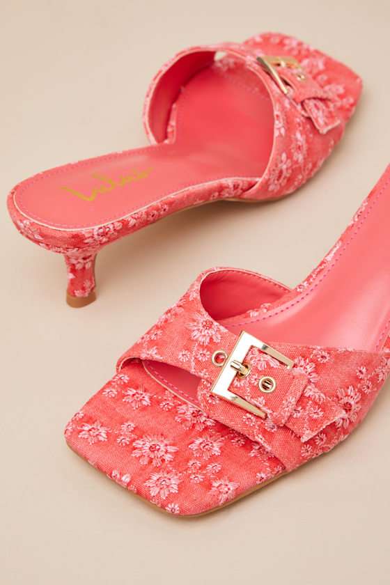 Lulus Austina Red Embroidered Buckle High Heel Slide Sandals In Red