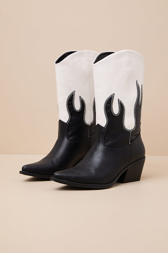 Lulus Ramblen Black And White Mid-calf Western Boots In Black And White
