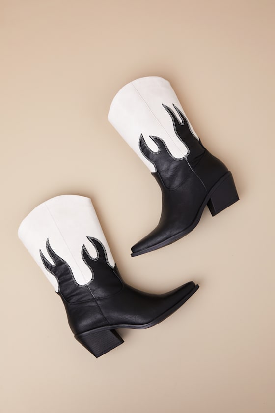 Lulus Ramblen Black And White Mid-calf Western Boots In Black And White