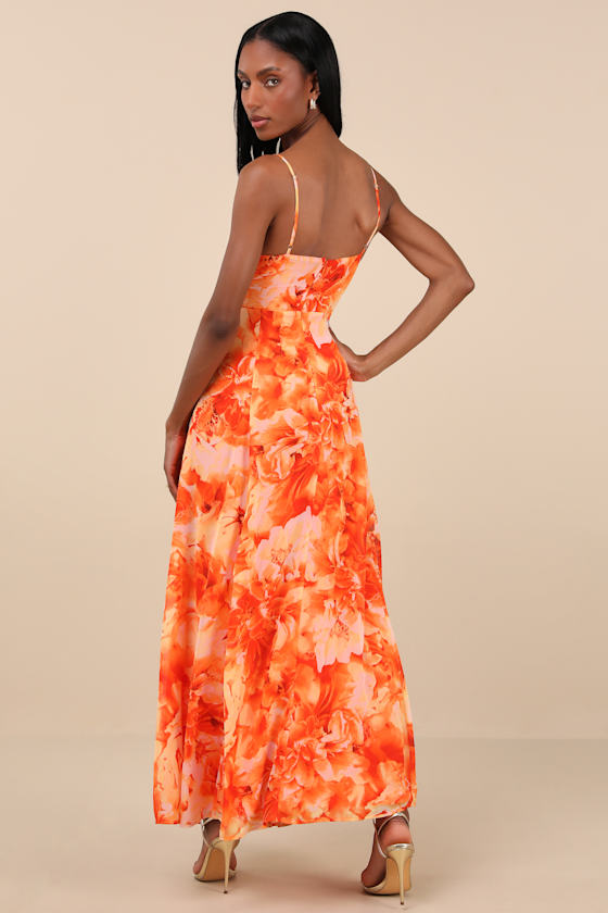 Lulus Beautiful Soul Orange Floral Print Twist-front Maxi Dress In Orange
