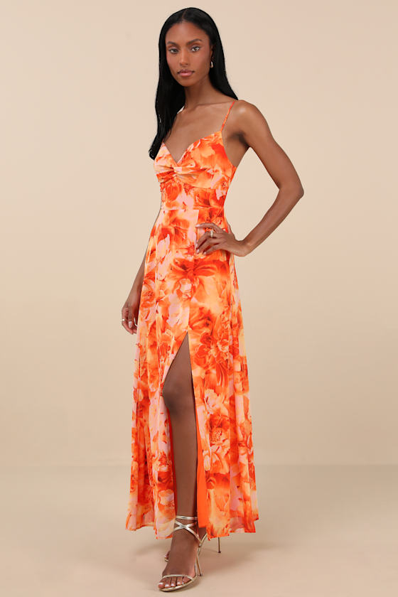 Lulus Beautiful Soul Orange Floral Print Twist-front Maxi Dress In Orange