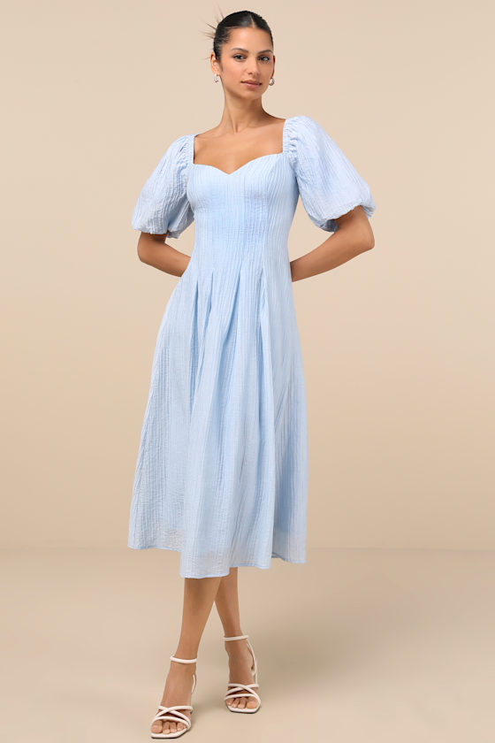Lulus Heavenly Energy Blue Textured Puff Sleeve Pleated Midi Dress In Blue
