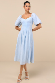 Heavenly Energy Blue Textured Puff Sleeve Pleated Midi Dress