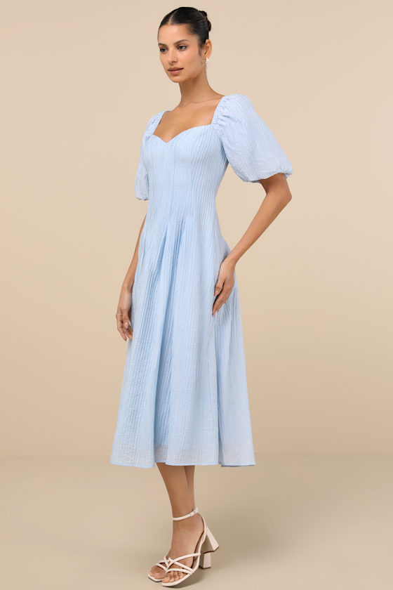 Lulus Heavenly Energy Blue Textured Puff Sleeve Pleated Midi Dress In Blue