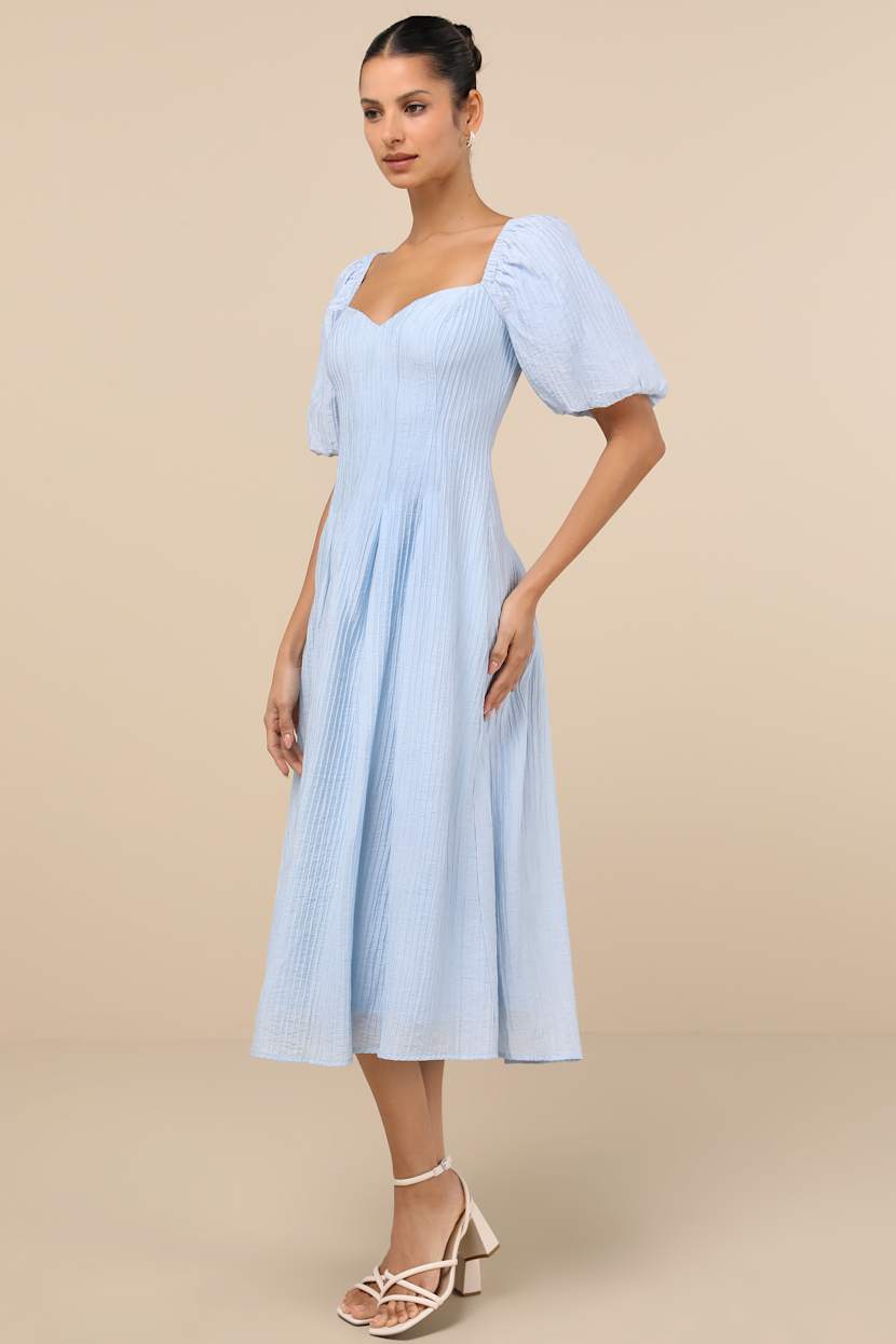 Blue Textured Dress - Puff Sleeve Midi Dress - Pleated Dress - Lulus