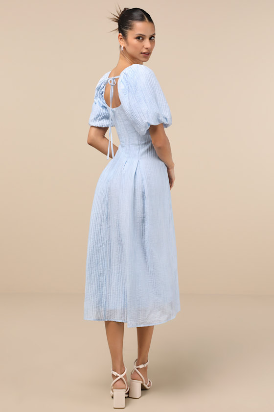 Lulus Heavenly Energy Blue Textured Puff Sleeve Pleated Midi Dress In Blue