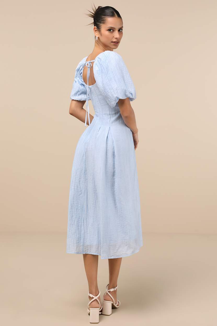 Heavenly Energy Blue Textured Puff Sleeve Pleated Midi Dress