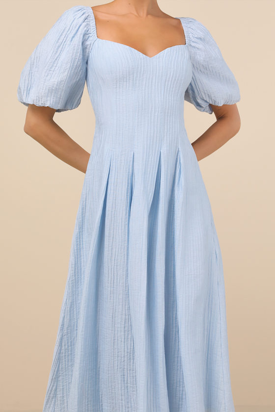 Lulus Heavenly Energy Blue Textured Puff Sleeve Pleated Midi Dress In Blue