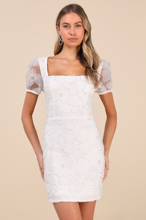 elliatt flora puff-sleeve square-neck 3d floral lace mini dress Crepe Lace Fit-and-Flare Wedding Dress