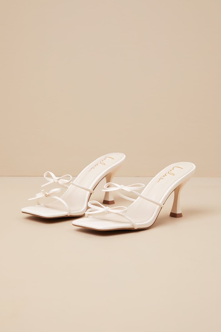 Serinda White Strappy Bow High Heel Slide Sandals