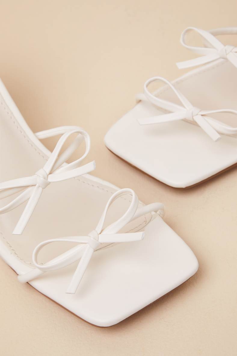 Serinda White Strappy Bow High Heel Slide Sandals