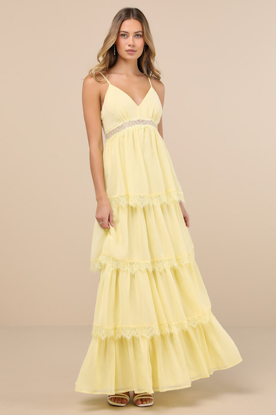 Shop Lulus Reed Light Yellow Tiered Lace Maxi Dress