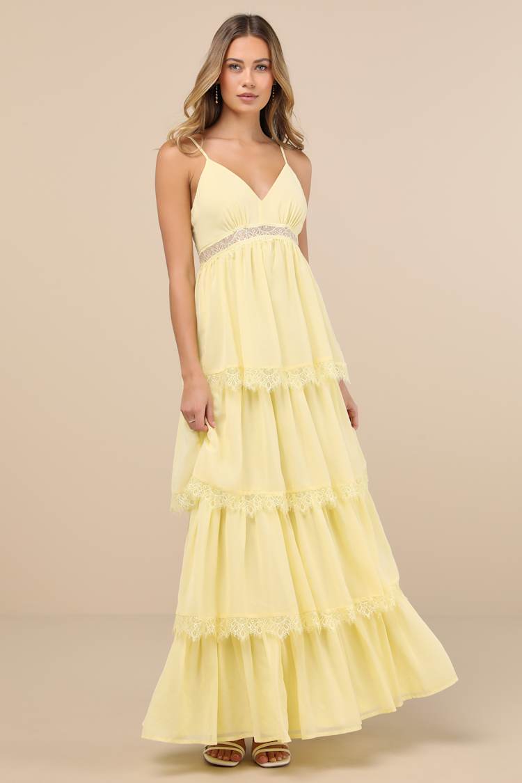 Reed Light Yellow Tiered Lace Maxi Dress