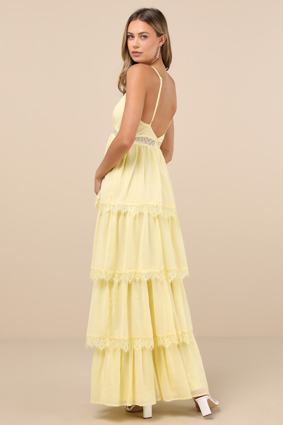 Shop Lulus Reed Light Yellow Tiered Lace Maxi Dress