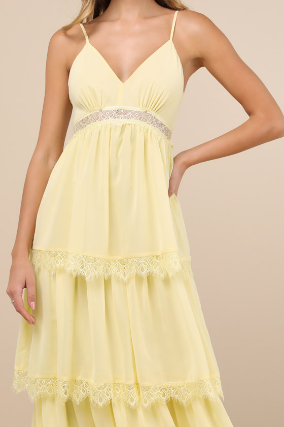 Shop Lulus Reed Light Yellow Tiered Lace Maxi Dress