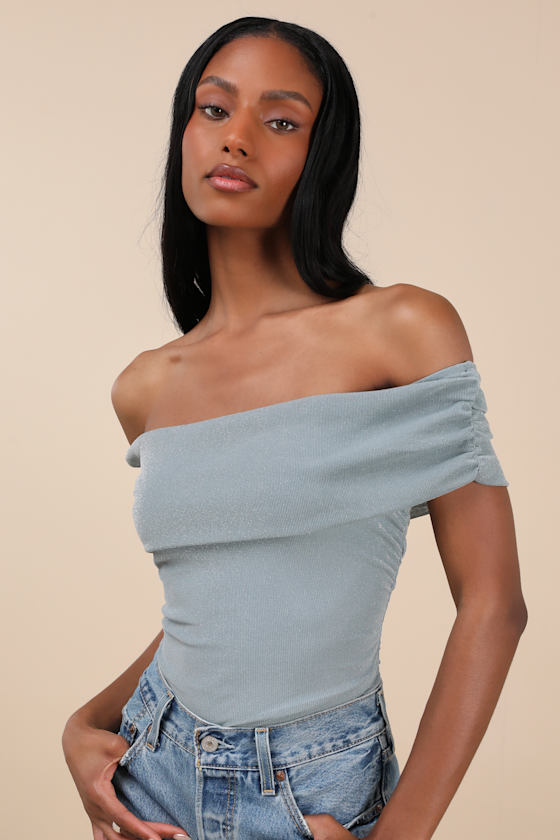 Lulus Korene Slate Blue Mesh Ruched Off-the-shoulder Top In Slate Blue