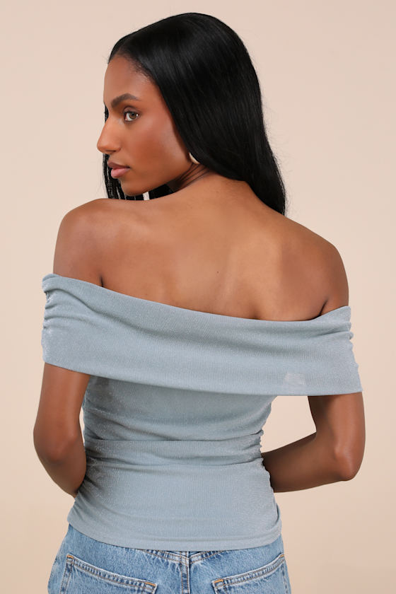 Lulus Korene Slate Blue Mesh Ruched Off-the-shoulder Top In Slate Blue