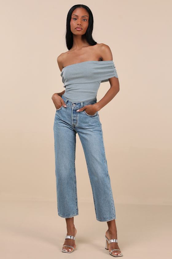 Lulus Korene Slate Blue Mesh Ruched Off-the-shoulder Top In Slate Blue