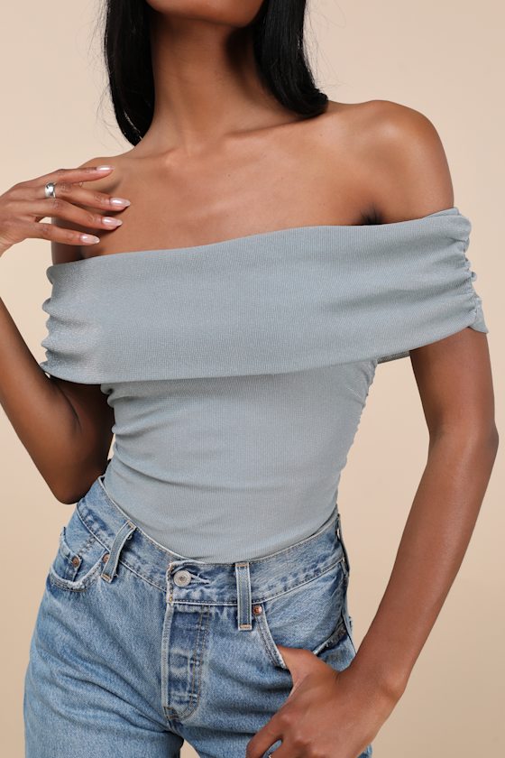 Lulus Korene Slate Blue Mesh Ruched Off-the-shoulder Top In Slate Blue
