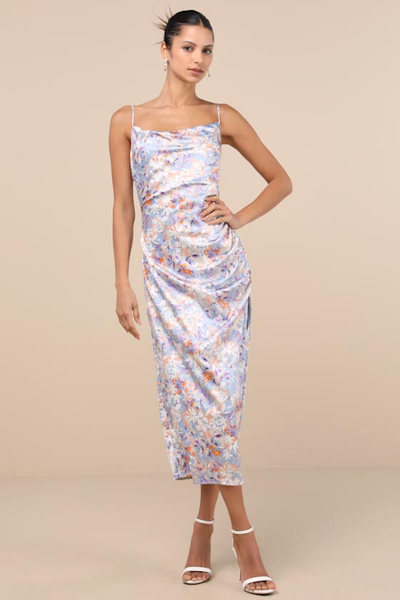 Lulus Truest Romance Slate Floral Print Sleeveless Ruched Midi Dress In Blue