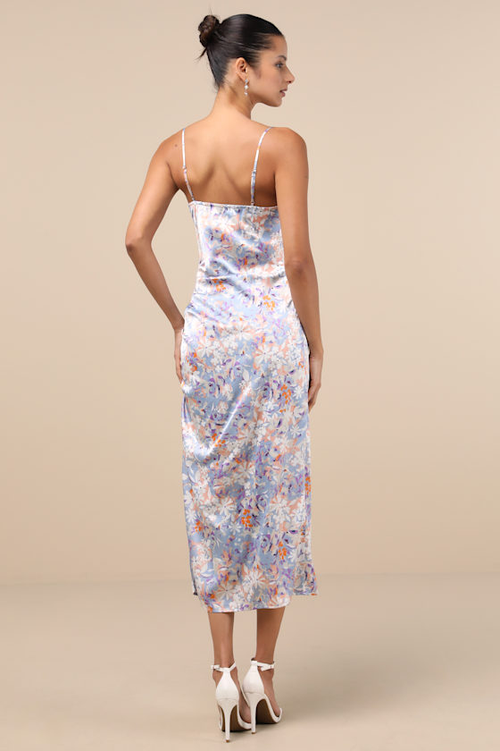 Lulus Truest Romance Slate Floral Print Sleeveless Ruched Midi Dress In Blue