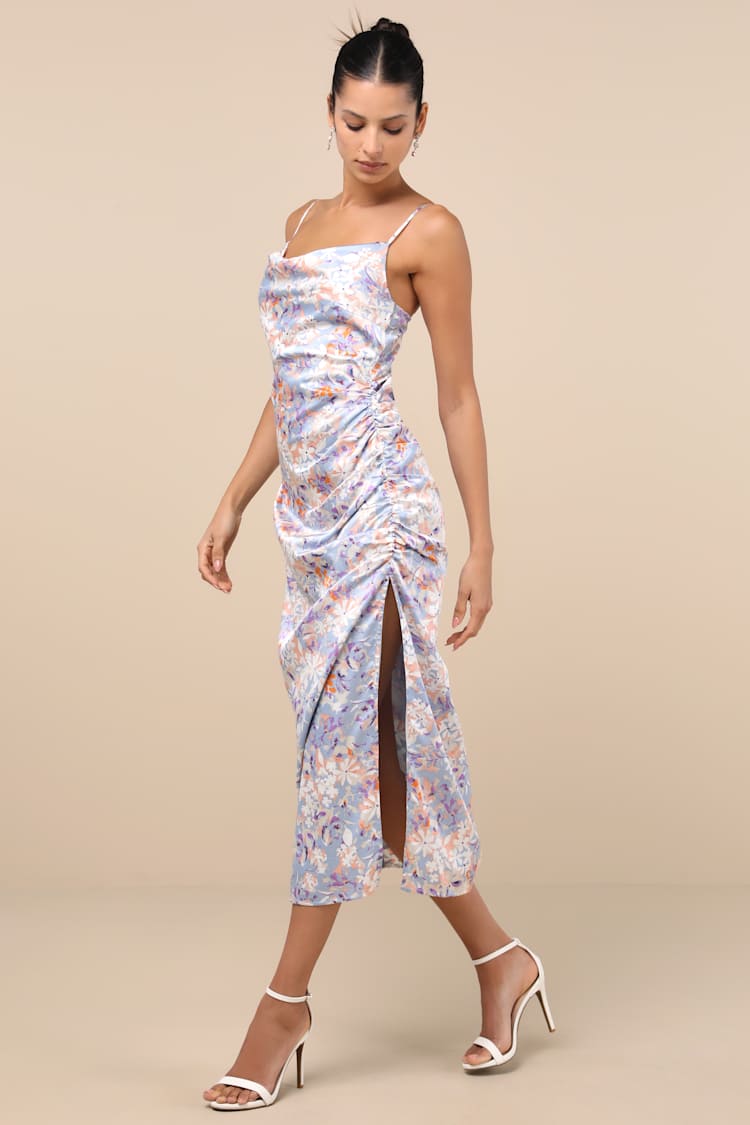 Truest Romance Slate Floral Print Sleeveless Ruched Midi Dress