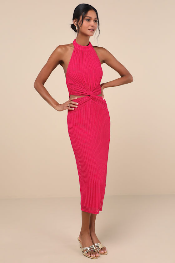 LULUS POISED ATTITUDE BERRY PINK HALTER CUTOUT TWIST-FRONT MIDI DRESS