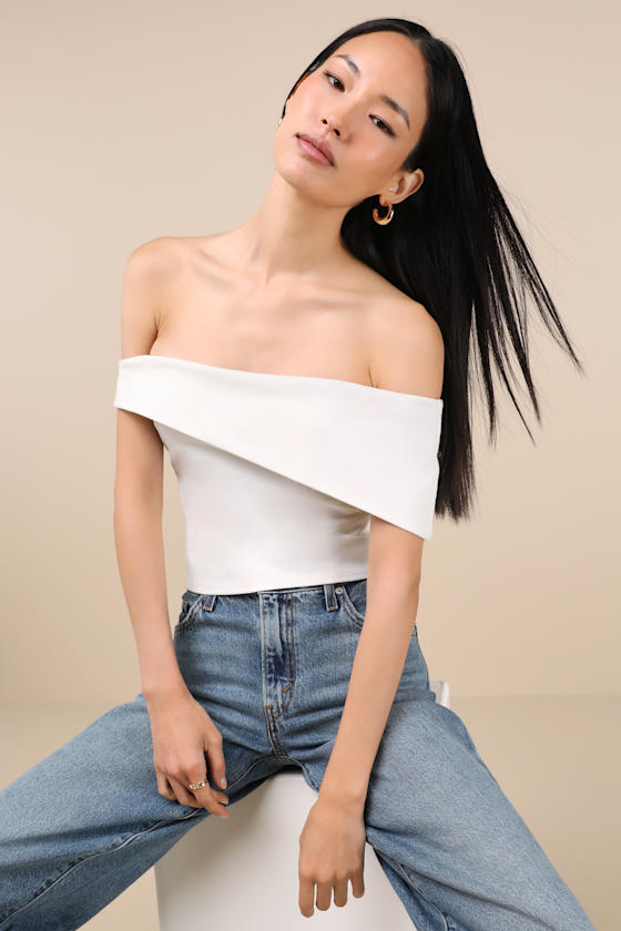 Lulus Lorina White Asymmetrical Off-the-shoulder Top In White