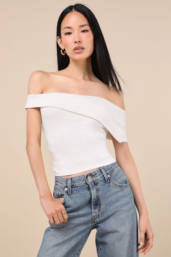 Lulus Lorina White Asymmetrical Off-the-shoulder Top In White