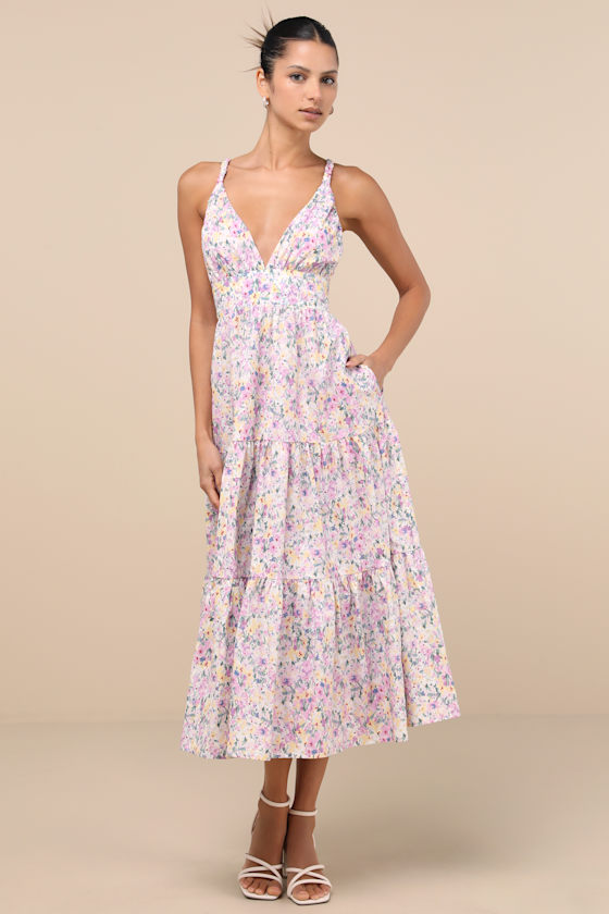 Lulus Brightly Blossoming Pink Multi Floral Tiered Midi Dress In Pink