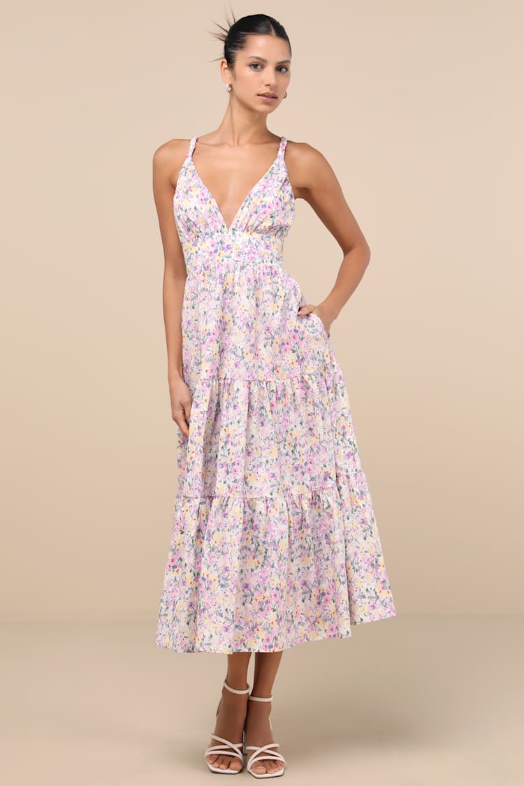 Pink Multi Midi Dress - Tiered Midi Dress - Floral Midi Dress - Lulus