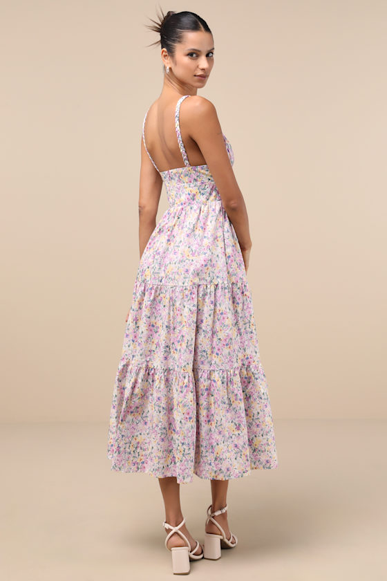 Lulus Brightly Blossoming Pink Multi Floral Tiered Midi Dress In Pink