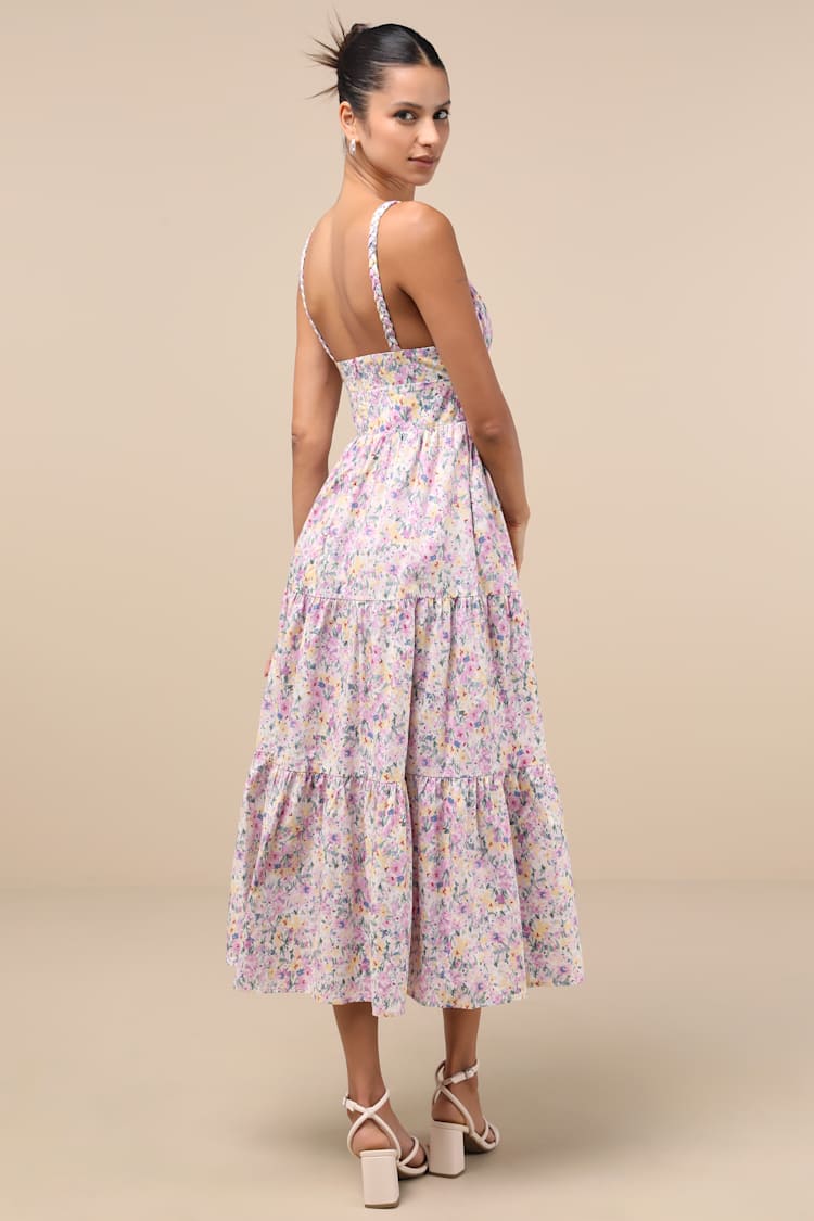 Brightly Blossoming Pink Multi Floral Tiered Midi Dress