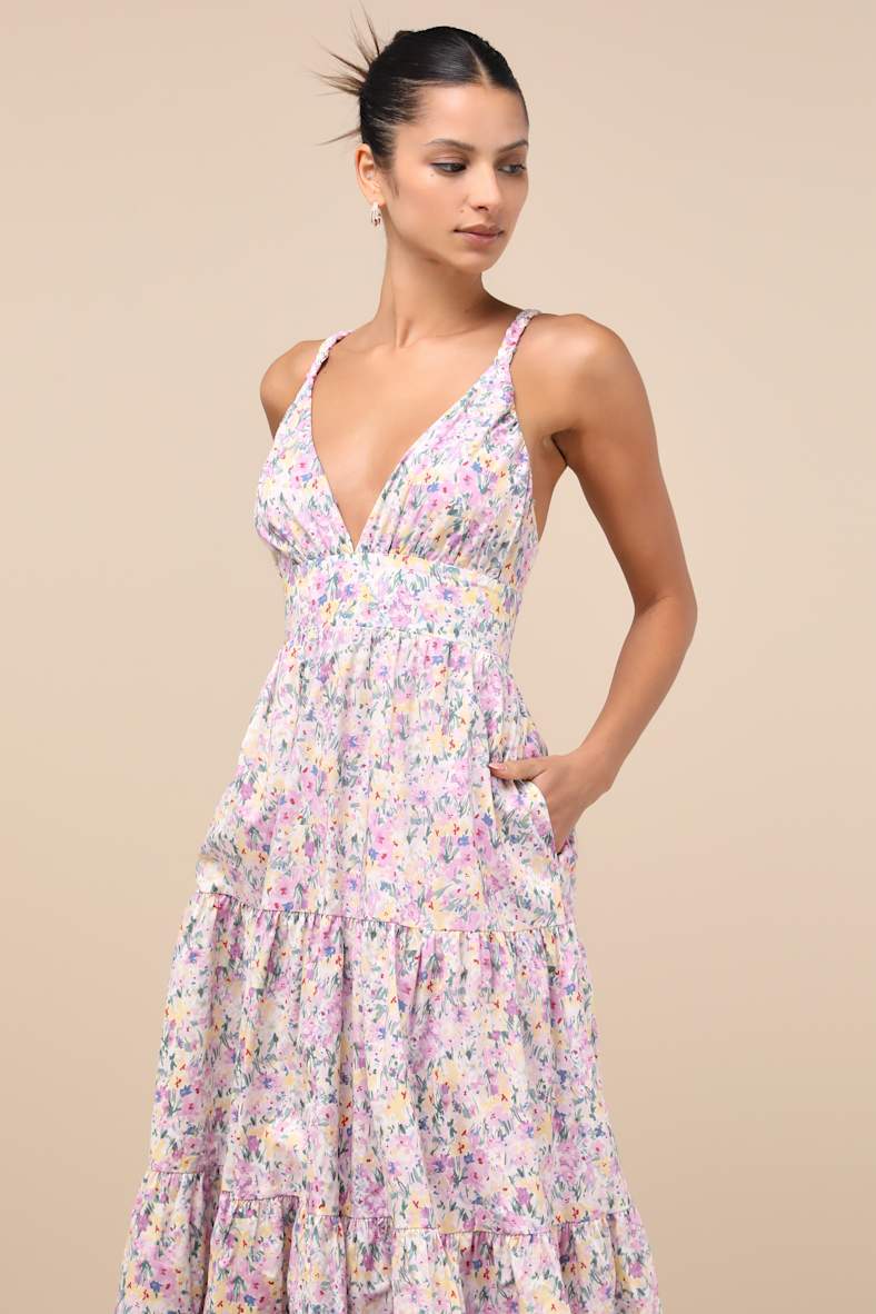 Brightly Blossoming Pink Multi Floral Tiered Midi Dress
