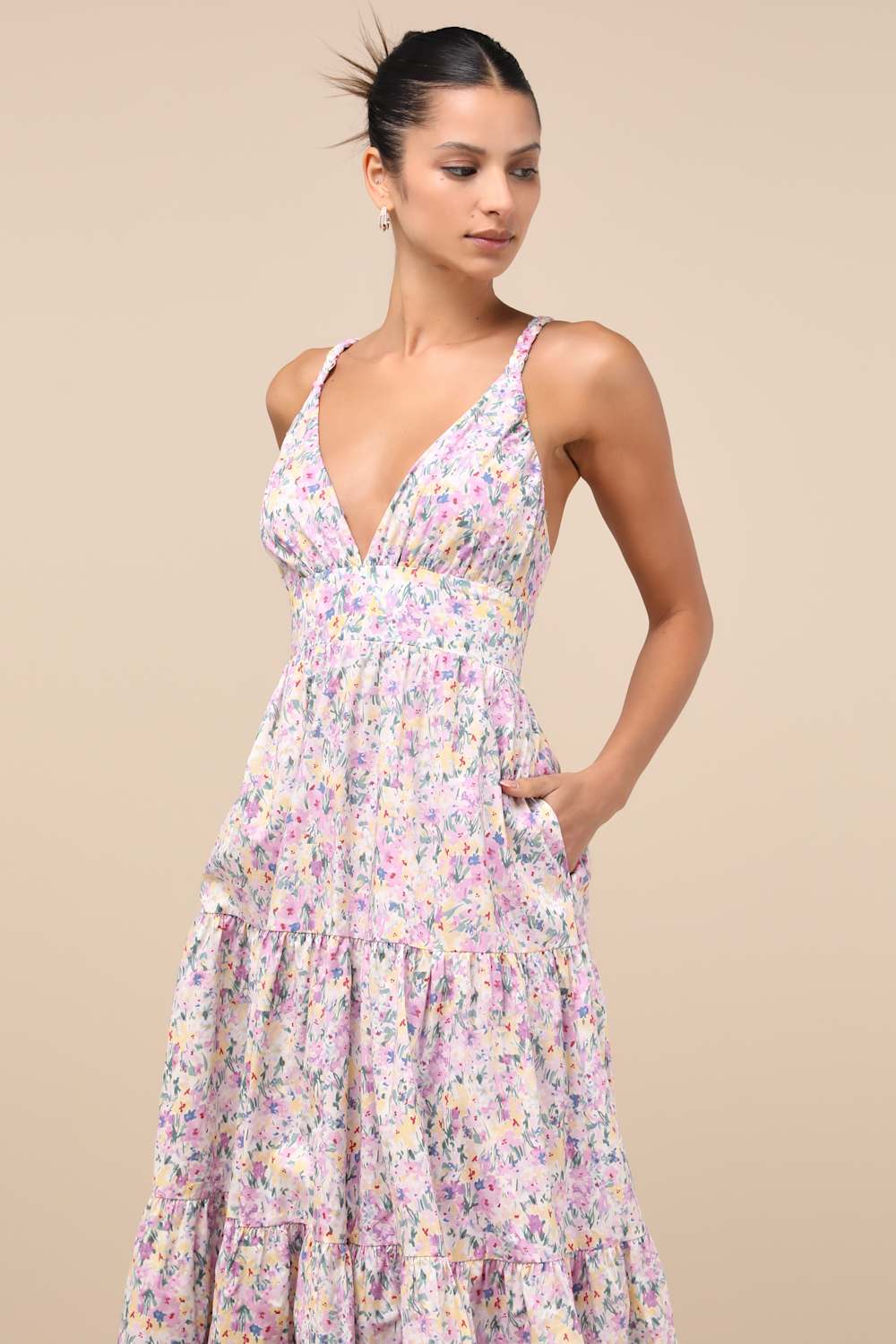 Brightly Blossoming Pink Multi Floral Tiered Midi Dress