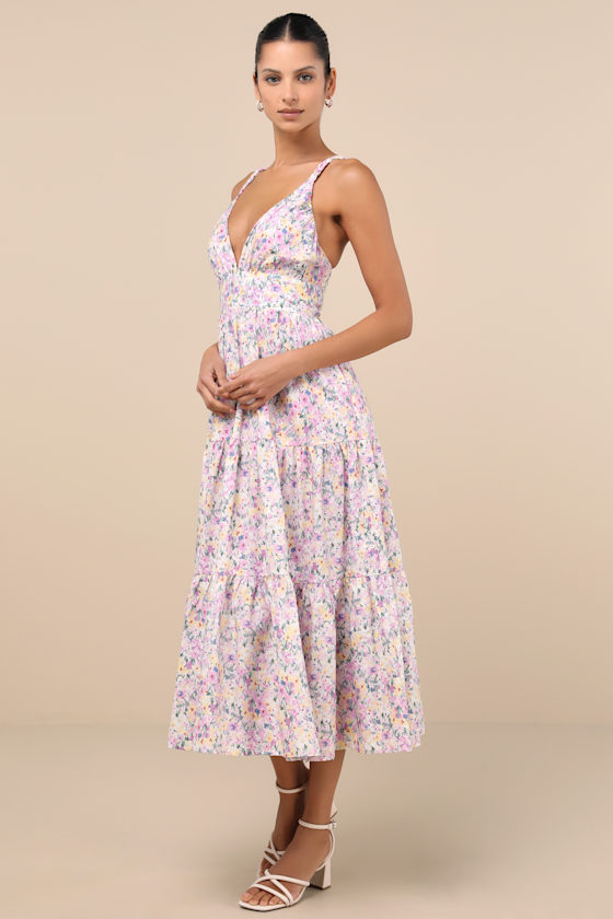 Lulus Brightly Blossoming Pink Multi Floral Tiered Midi Dress In Pink