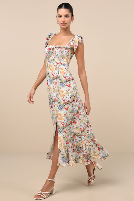 Image of Summer Invite White Multi Floral Tie-Strap Tiered Midi Dress