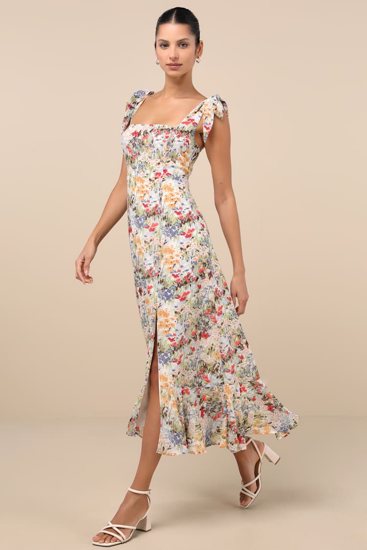 knee length dresses for ladies Jojo Embroidered Tie Strap Tiered Midi Dress main image 0