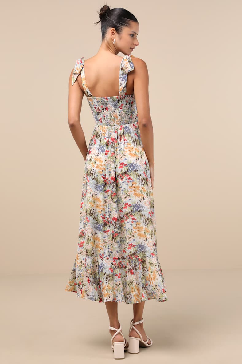 Summer Invite White Multi Floral Tie-Strap Tiered Midi Dress