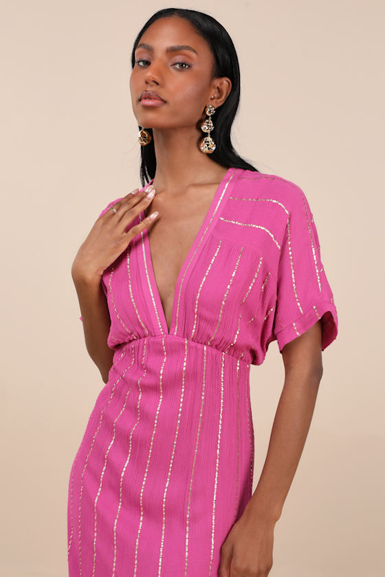 Shop Lulus Goddess Vibes Magenta Gold Striped Dolman Sleeve Maxi Dress