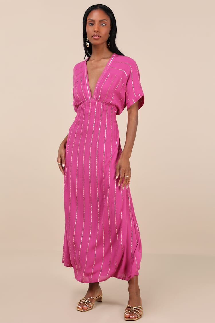 Goddess Vibes Magenta Gold Striped Dolman Sleeve Maxi Dress