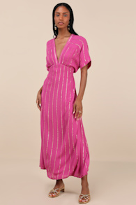 Goddess Vibes Hot Pink Gold Striped Dolman Sleeve Maxi Dress 2