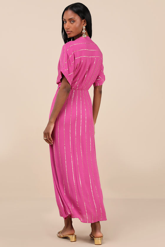 Shop Lulus Goddess Vibes Magenta Gold Striped Dolman Sleeve Maxi Dress