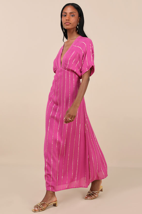 Shop Lulus Goddess Vibes Magenta Gold Striped Dolman Sleeve Maxi Dress