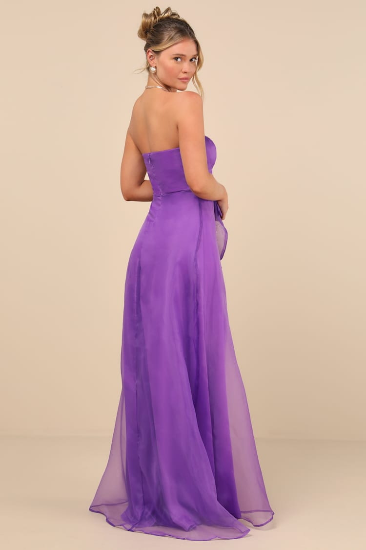 Exquisite Ease Purple Organza Strapless Ruffled Maxi Dress