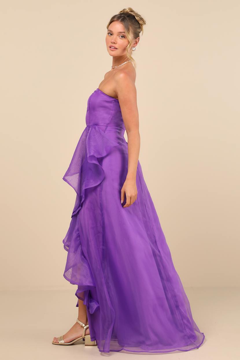 Exquisite Ease Purple Organza Strapless Ruffled Maxi Dress
