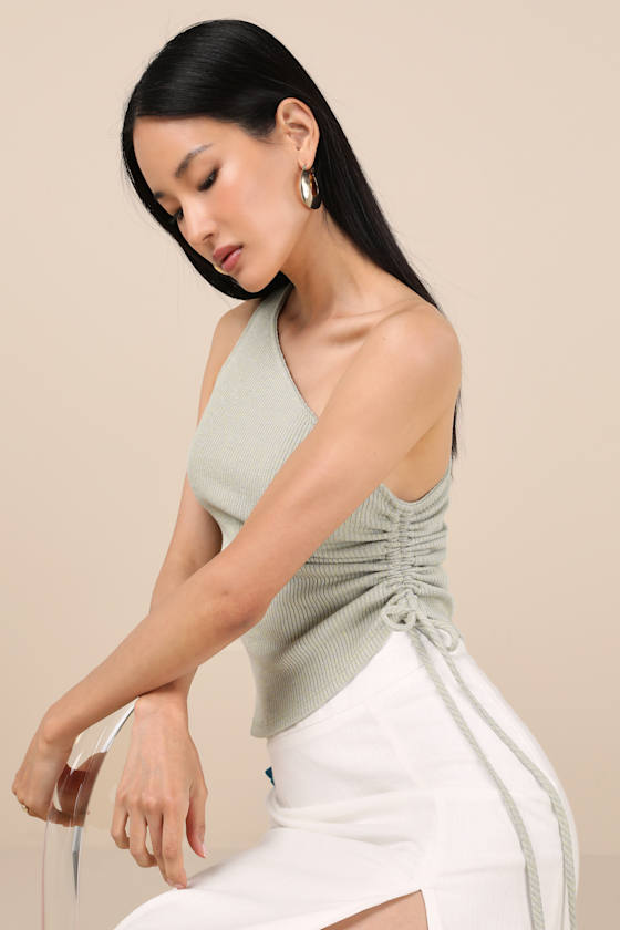 LULUS CASSARA SAGE GREEN RIBBED ONE-SHOULDER DRAWSTRING TANK TOP 